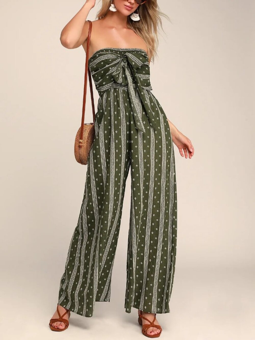 Lulus Raine Olive Green Print Strapless Jumpsuit